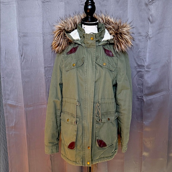 Ambiance Olive Utility Jacket with Faux Fur Hood - Picture 1 of 10